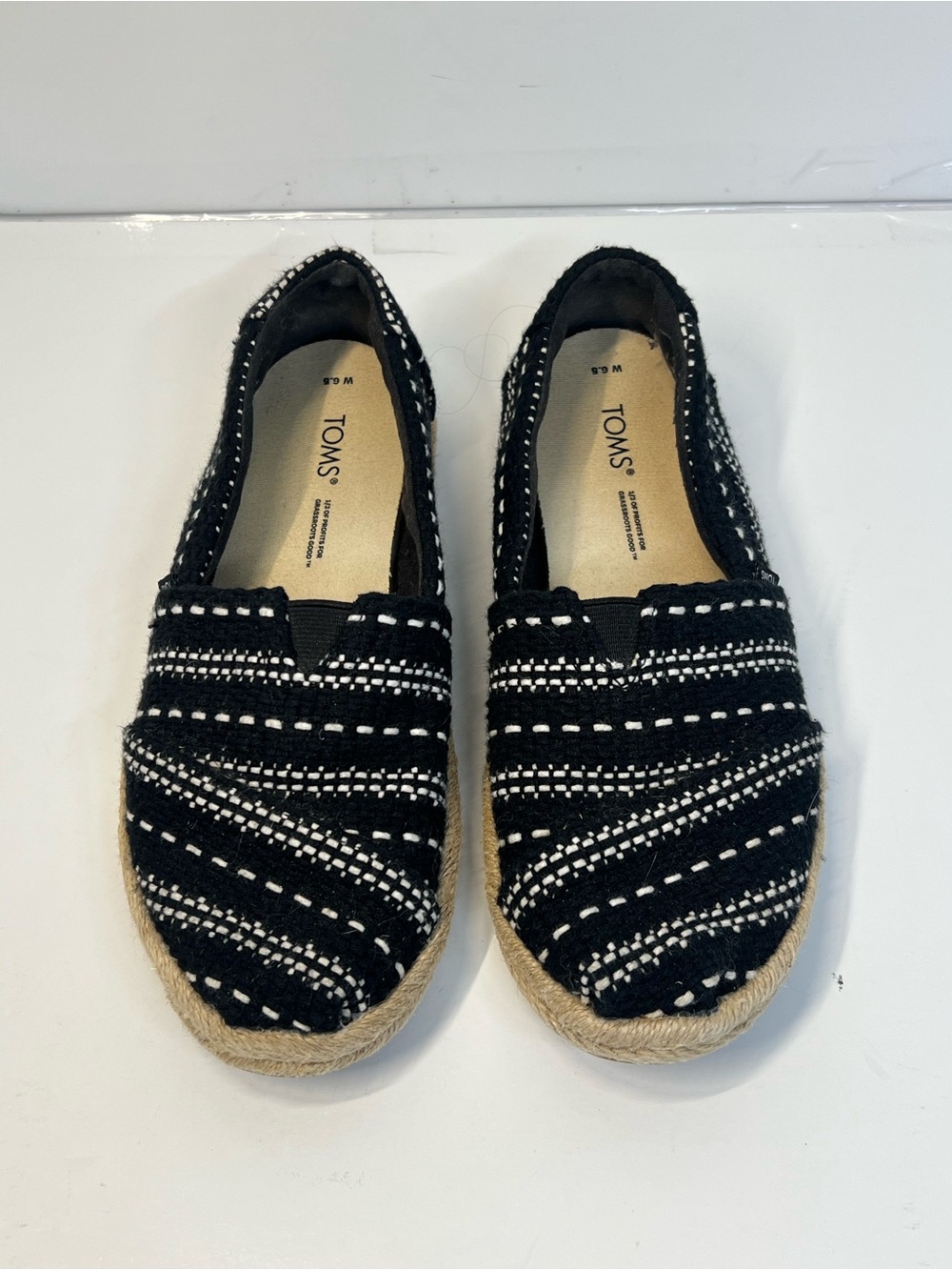 TOMS Women’s Black White Woven Espadrille Slip On Shoes Size 6.5